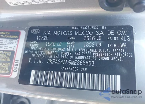 2021 Kia Rio S z USA, uszkodzony, nr VIN 3KPA24AD9ME365863